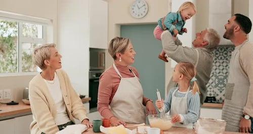 Three Generations Baking Together in a Kitchen