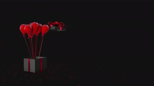 3D Gift Box Opening with Red Balloons and Confetti