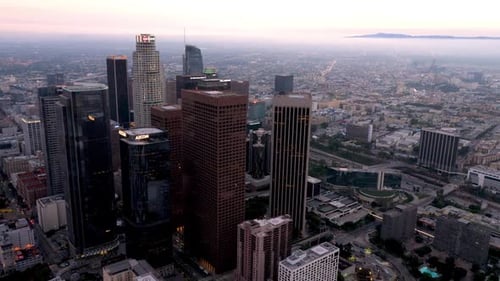 Aerial shot of downtown Los Angeles at twilight.
