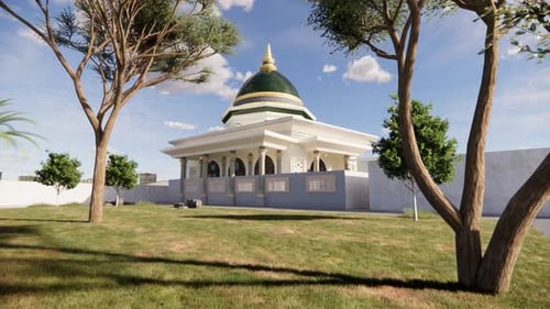 Mosque with green dome surrounded by trees