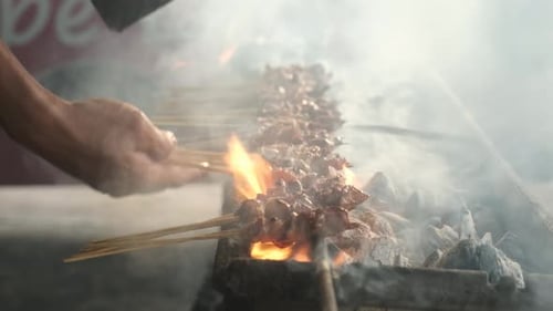 Grilling Meat Skewers Over Hot Coals