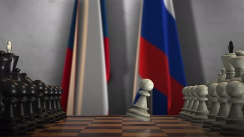 Global Conflict Symbolized by Chess and Waving Flags