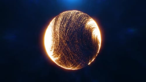 Esfera amarela brilhante de partículas em um fundo escuro, simbolizando energia