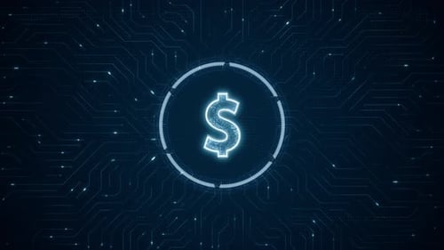 Blue digital money logo and futuristic technotogy circle HUD with circuit board