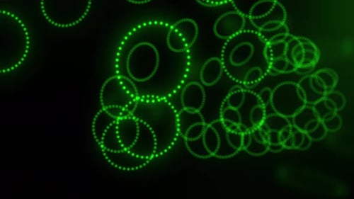Leuchtende grüne Kreisform, die sich auf schwarzem Hintergrund bewegt. Bewegliche Animation in Form eines Partikelkreises