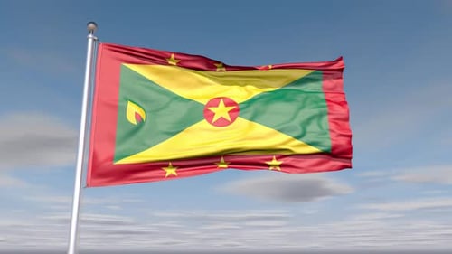 Realistic Waving Grenada Flag on a Flagpole Against Blue Sky