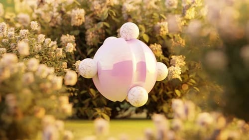 3D Rendering of Small Marble Balls Rolling on Smooth Sphere Near Plants in Loop