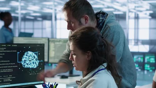 Teamwork in Modern Office, Coding Brain Visualization