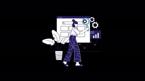 Woman analyzing data on a black background with charts and a plant.