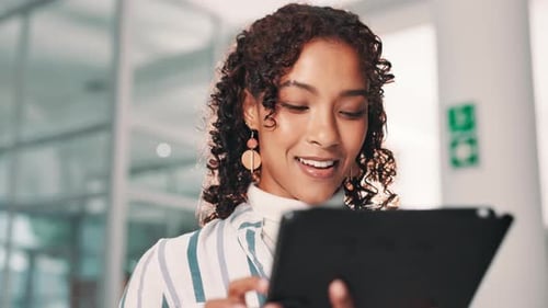 Happy woman, scrolling and browsing with tablet for research or reading news at office