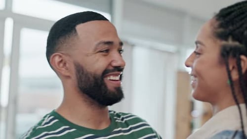 Love, dance and a couple laughing in the living room of their home together for romance closeup
