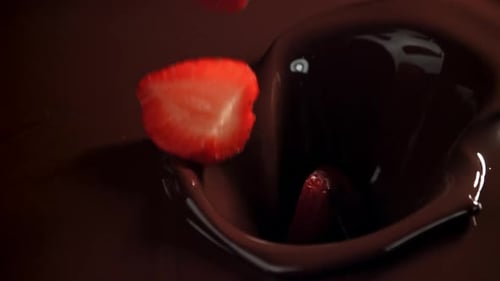 Fresh Strawberries Falling Into Swirling Milk Chocolate