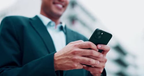 Hands, phone and business man in city typing, communication and chat with networking on commute