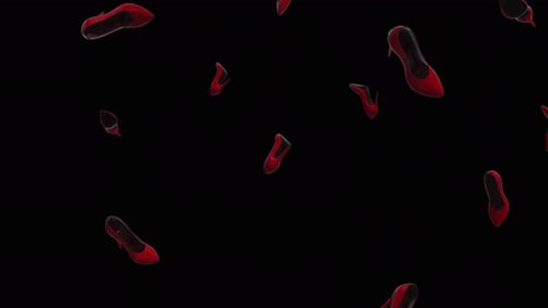 Falling red heels over alpha channel. Rain of heels across the screen. Heels shoes background.