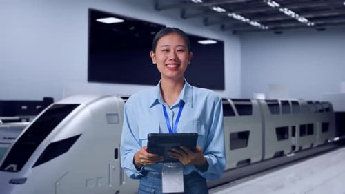 Smiling Woman Using Tablet Near Futuristic Train