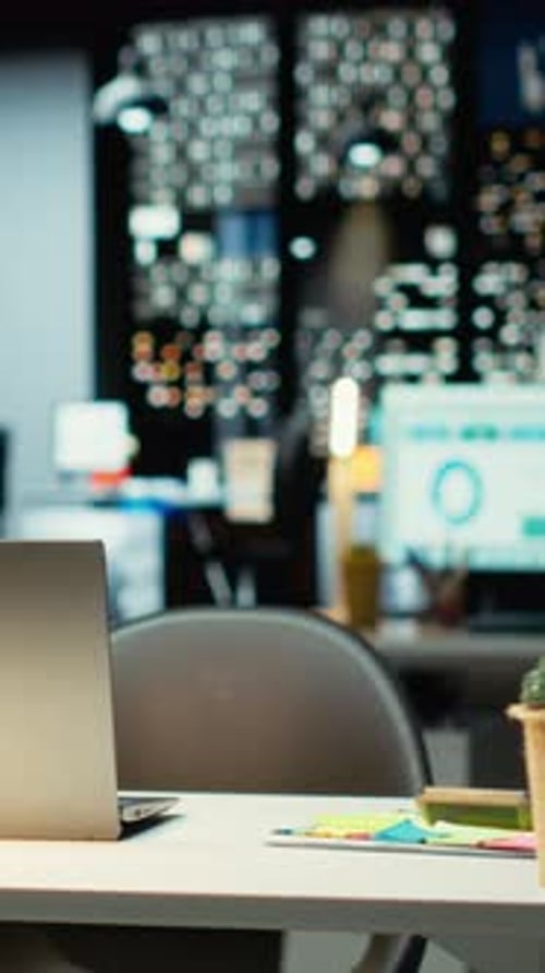 Vertical Video Empty Boardroom in a Multinational Company Displays Digital Charts