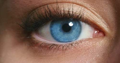 Woman face, blue eyes and vision focus, eyeball and contact lenses to see, eyesight and awareness