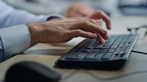 Operator Hands Typing Keyboard Closeup Office Manager Working Clicking Mouse