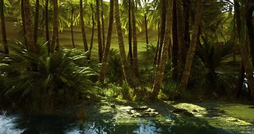 Lush Tropical Forest with Palm Trees and Serene Water in Bright Sunlight
