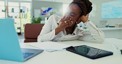 Laptop, bored and tired with business black woman at desk in office with fatigue