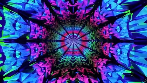 Neon-Kaleidoskop-Tunnel mit gezackten geometrischen Formen, die sich schleifen
