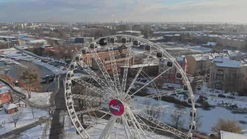Aerial View of Snow-Covered Ferris Wheel in Gdansk, Poland