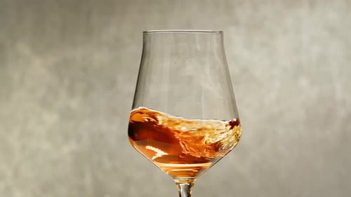 Rose Orange or White Wine Bottle and Glass Against a Sunset in a Peaceful Vineyard Pouring of