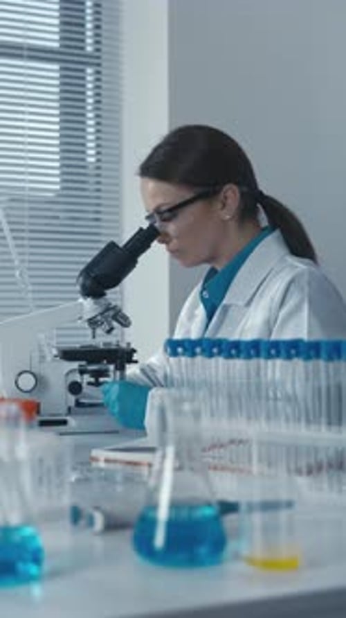 An Experimental Geneticist in the Laboratory Works with a Microscope Develops New Methods of Genetic