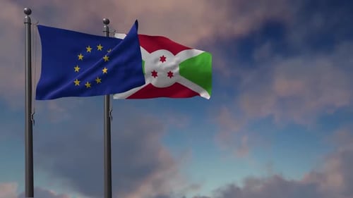 European Union and Burundi Flags Waving on Flagpoles