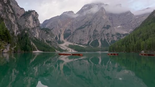 Aerial view of tranquil lake and mountains, Italy.