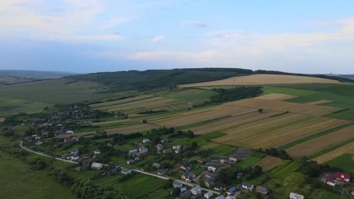 Rural Village Houses and Distant Green Cultivated Agricultural Fields with Growing Crops