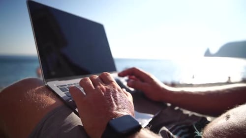 Man Laptop Sea Working Remotely on Seashore Happy Successful Man Male Freelancer Working on Laptop