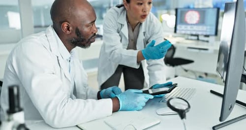 Teamwork, computer or scientists reading in lab for chemistry research report