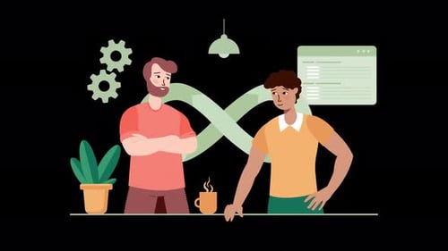 Two men collaborating in a modern workspace illustration
