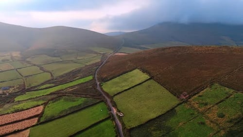 Aerial View of Irish Countryside with Green Fields