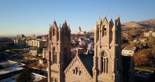 The Utah Sun Glows on the historic Cathedral of the Madeleine in downtown Salt Lake City.
