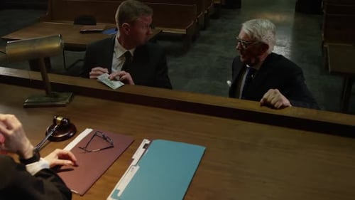 Lawyer trying to bribe judge in court room legal scene