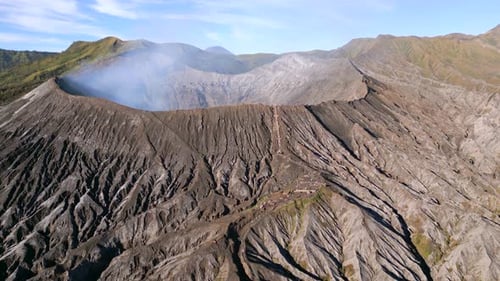 Aerial View of Mount Bromo Volcano Crater Smoking in East Java Indonesia