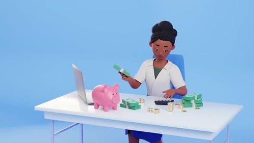 Female Character holding money stack and calculating - 3d render looped animation