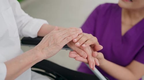 Nursing talking to patient for rehabilitation, healthcare and help service. Asian nurse