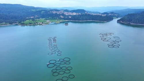 Fishing Cages for Breeding Fish in Lake in Mountain Valley of Rhodope Mountains Under Cloudy Sky