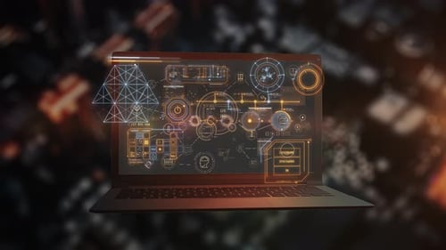 Futuristischer Laptop mit interaktiver Hologramm-Datenanalyse-Schnittstelle