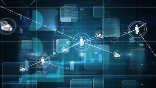 Animation of people icons connected with data and information moving over a grid