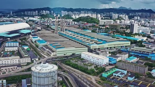 erial view of chimneys of power plant, an industrial district. Modern large thermal power plant