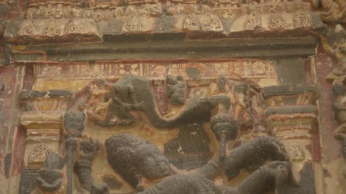 Surviving plaster, sculptures and painted artwork of Ellora Caves, Maharashtra, India
