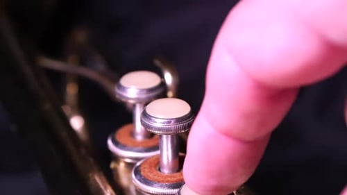 Checking the valves on a brass trumpet are working fine.