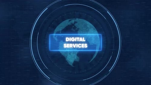 Globales Netzwerkkonzept für digitale Dienste: Futuristische Tech-HUD-Schnittstelle mit rotierender Erde