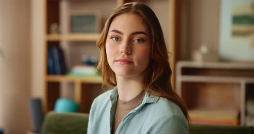 Face, house and woman with smile in lounge, happiness and funny with comfort, break and morning