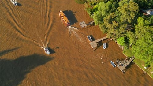 Passenger ship navigating the river Aerial View