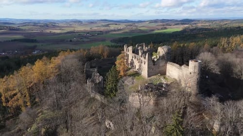 Aerial video above Helfenburk u Bavorova castle ruins aerial view in Czech Republic